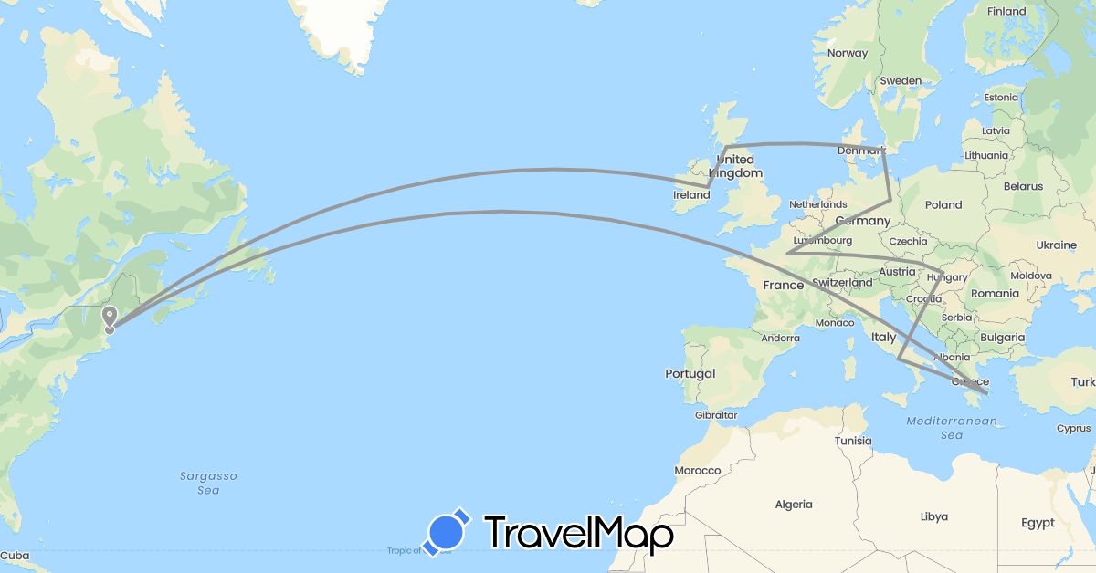 TravelMap itinerary: driving, plane in Austria, Germany, Denmark, France, United Kingdom, Greece, Hungary, Ireland, Italy, United States (Europe, North America)